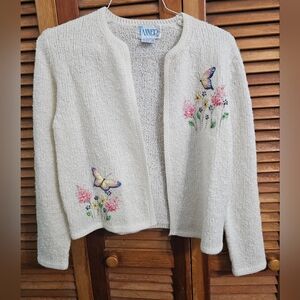 Boutique Cottagecore Embroidered Cardigan  Cream  Butterflies & Florals – Size M